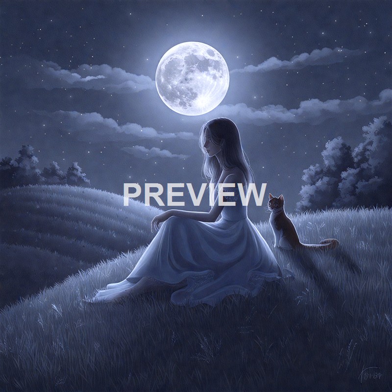 A young woman in a flowing white dress sits on a grassy hill at night, accompanied by a cat, with a large full moon and starry sky illuminating the scene.